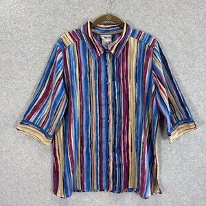 Bon Worth Womens Medium Petite Striped Button-Up Blouse 3/4 Sleeve Colorful 90s